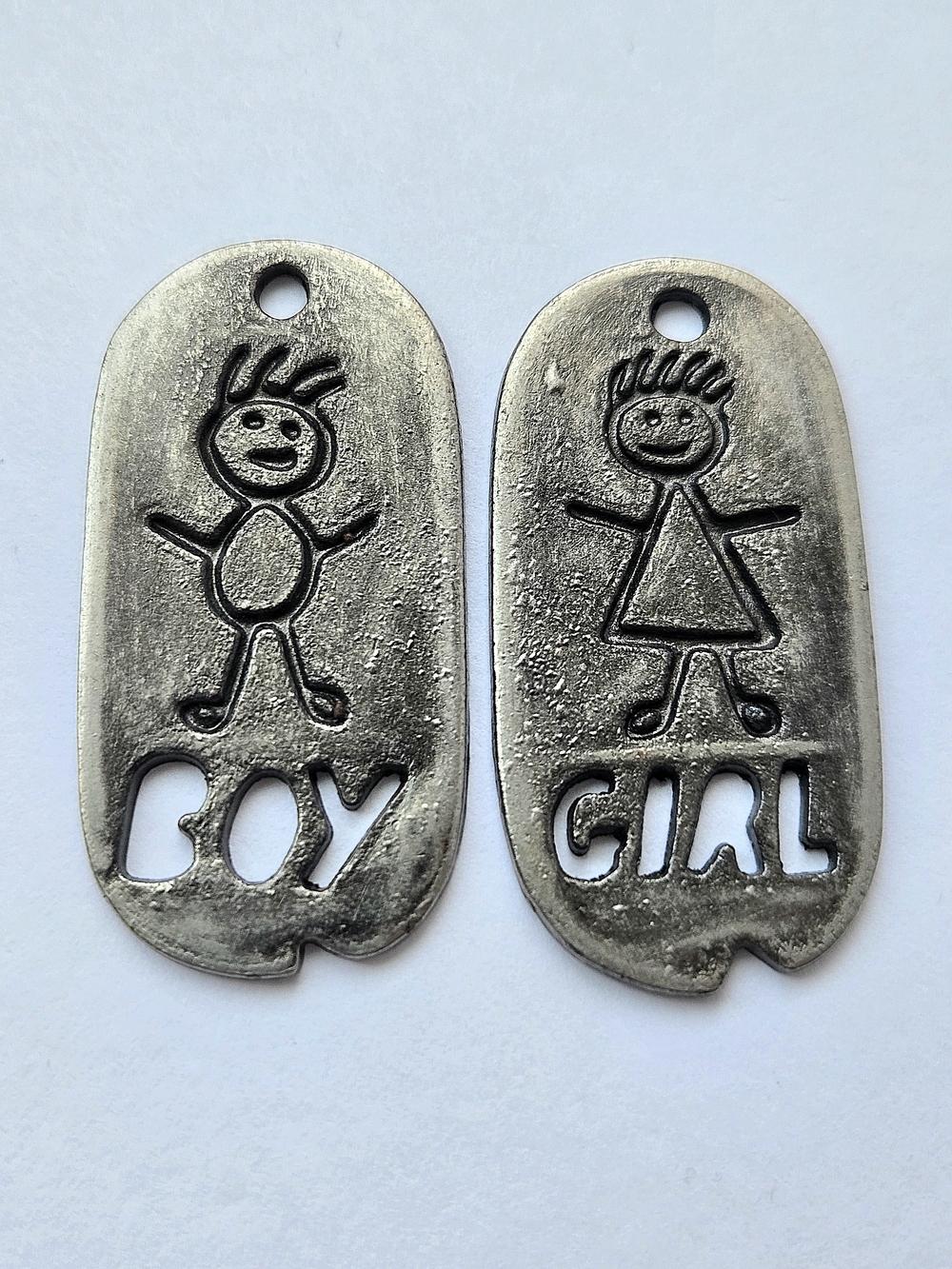VTG Antiqued Pewter Boy Girl Stick Figure Dog Tag Pendant Charms Set of 2